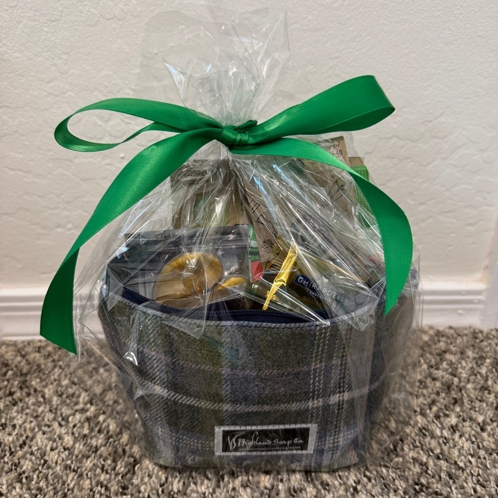 Gray Plaid Gift Basket with Green Ribbon